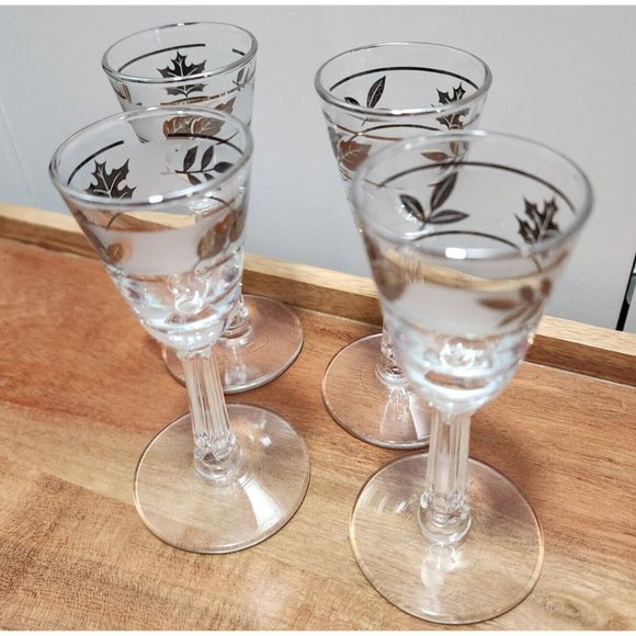 4) Libbey Cordial Glasses 4.25" Hostess Set 1oz Silver Leaf Foliage - Picture 4 of 12